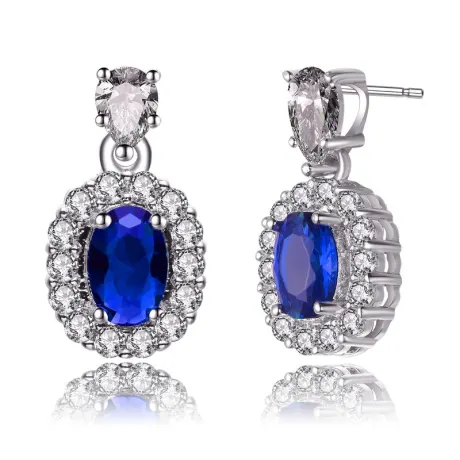 Rachel Glauber White Gold Plated Sapphire Blue Oval Cubic Zirconia with Clear Pear and Round Cubic Zirconias Accent Earrings