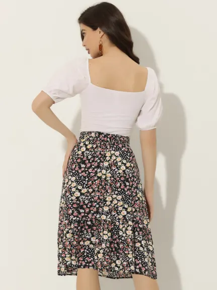 Allegra K- Floral Print Elastic Waist A-Line Midi Skirt