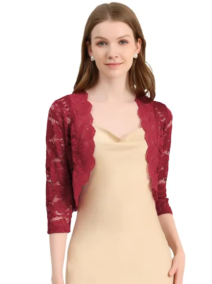 Allegra K- Elegant 3/4 Sleeve Sheer Floral Lace Shrug Top