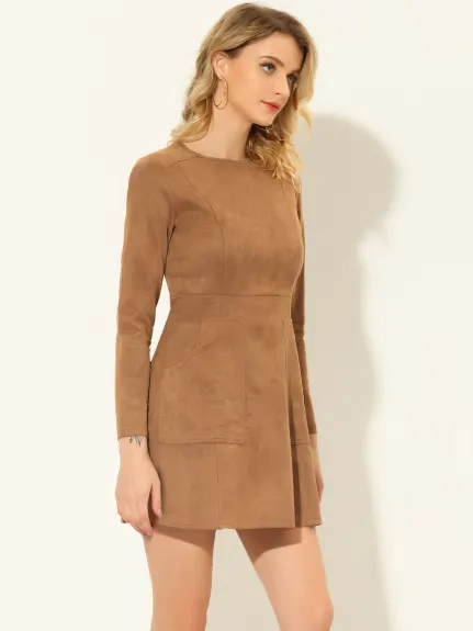 Allegra K- Faux Suede Round Neck Pockets Long Sleeve A-Line Dress