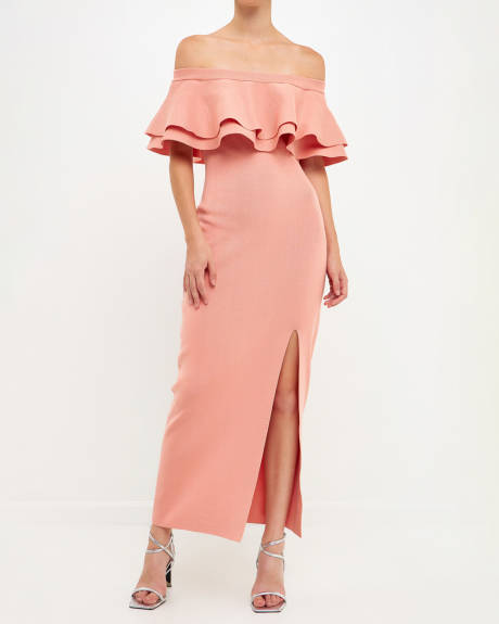 endless rose- Off the Shoulder Ruffle Maxi Dress with Leg Slit