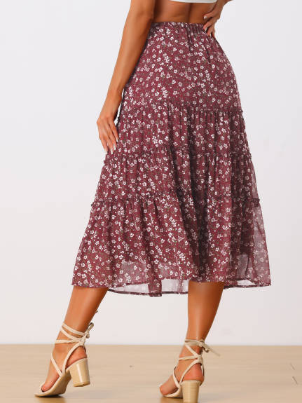 Allegra K- Floral Tiered Long A-Line Chiffon Skirt