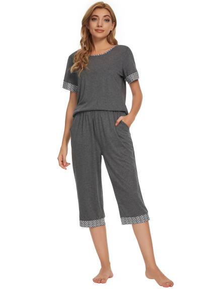 cheibear - Summer Round Neck Pajama Set with Capri Pants