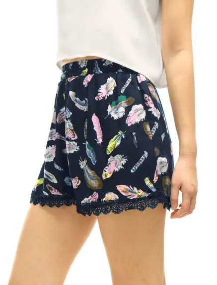 Allegra K - Summer Floral Printed Lace Trim Beach Shorts
