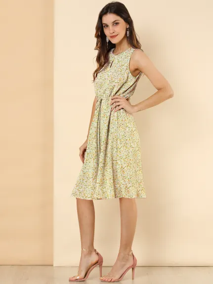 Allegra K- Drawstring Printed Sleeveless A-Line Dress