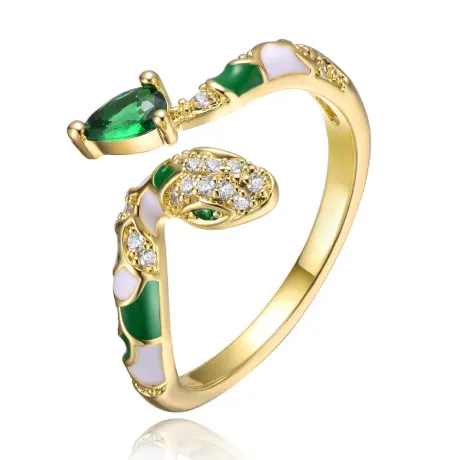 Rachel Glauber 14k Yellow Gold Plated with Emerald & Cubic Zirconia Coiled Snake Serpent Open Bypass Cuff Ring