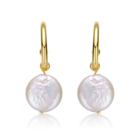 Genevive Sterling Silver 14k Yellow Gold Plated with White Coin Pearl Drop C-Hoop Earrings