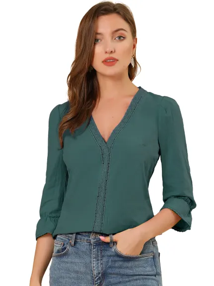 Allegra K - Lace Eyelet V Neck 3/4 Sleeve Casual Top