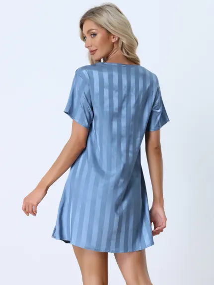 cheibear - Summer Striped Silky Satin Lounge Dress Nightshirt