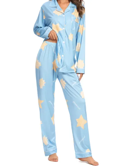 cheibear - Cute Print Long Sleeve with Pants Pajama Set