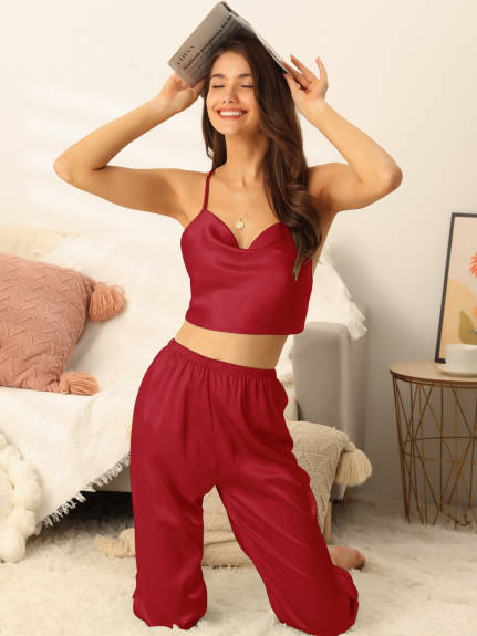cheibear - Cowl Neck Crop Cami Tops with Pants Lounge Set