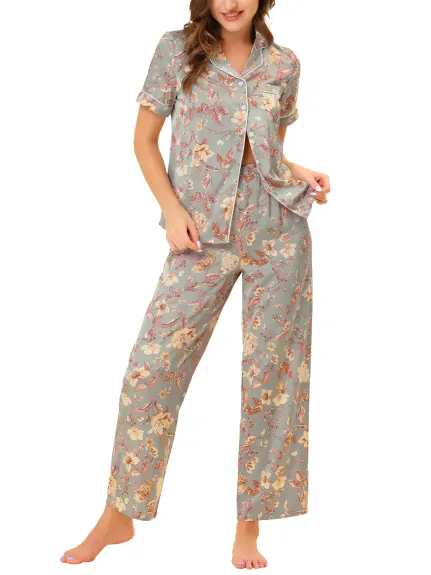 cheibear - Ensemble pyjama haut et pantalon boutonné en satin floral