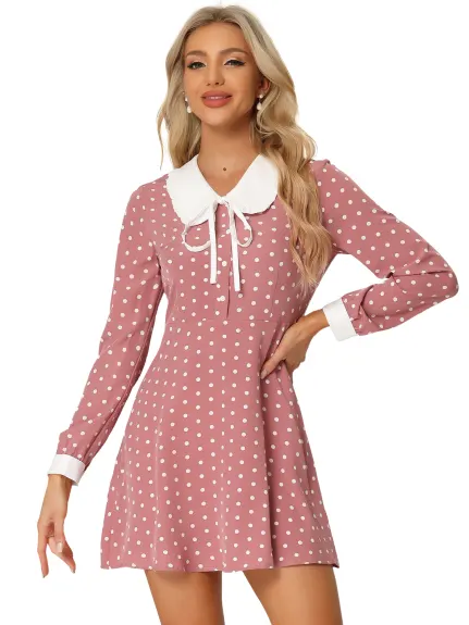 Allegra K- Polka Dots Peter Pan Collar Contrast Long Sleeve Shirt Dress