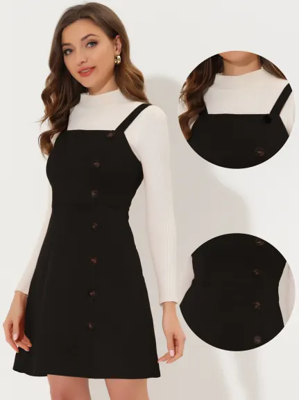 Allegra K- Faux Suede Button Decor A-Line Mini Overall Dress