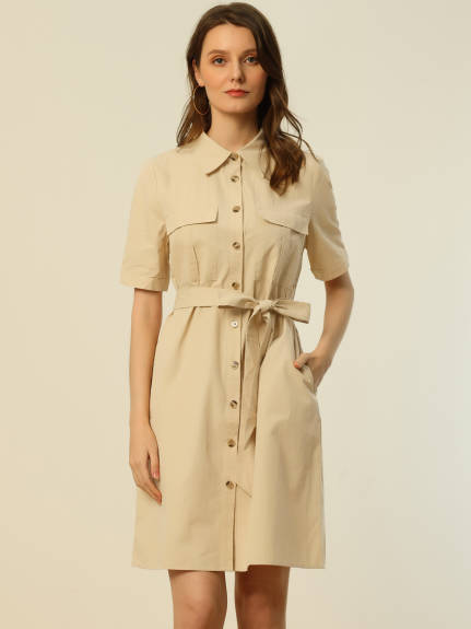 Allegra K- Button Down Safari Pocket Belted Shirt dress