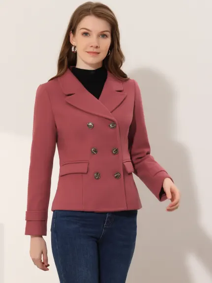 Allegra K- Worsted Notched Lapel Double Breasted Overcoat