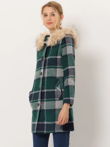 Allegra K - Manteau à carreaux amovible avec bordure en fausse fourrure et capuche
