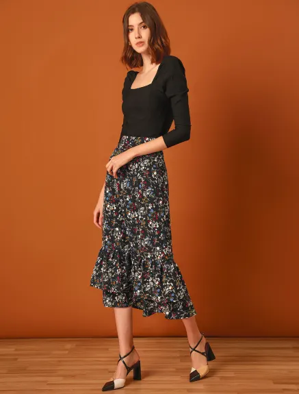 Allegra K- Printed Chiffon Ruffle Tiered Zipper Midi Skirt