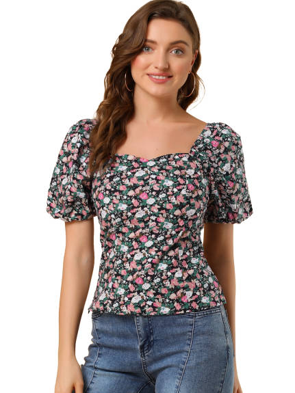 Allegra K- Top Floral smocké manches Puff col Sweetheart