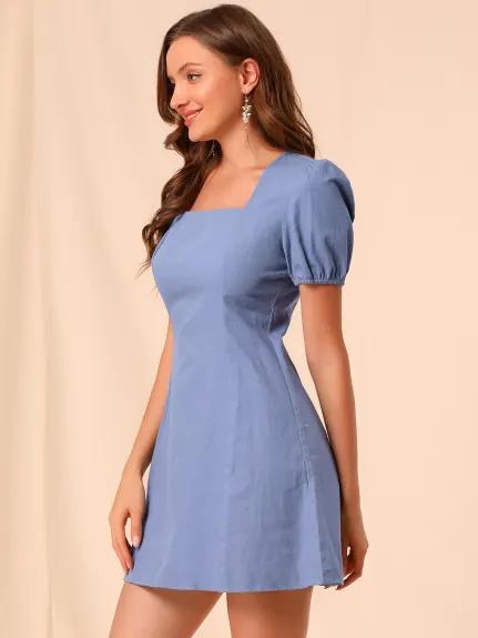 Allegra K- Square Neck Puff Sleeve A-Line Mini Dress