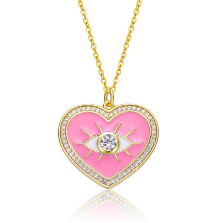 Rachel Glauber 14k Yellow Gold Plated with Clear Cubic Zirconia Pink Enamel Heart Pendant