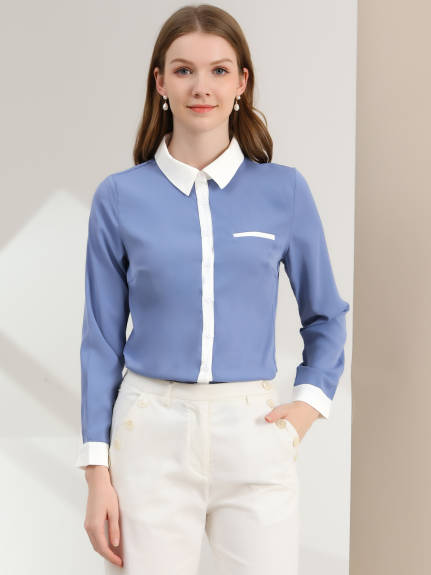 Allegra K- Color Block Button Up Long Sleeve Shirt