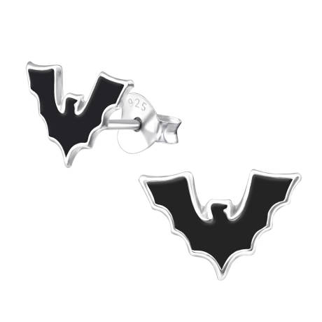 Sterling Silver Black Bat Stud Earrings  - Ag Sterling