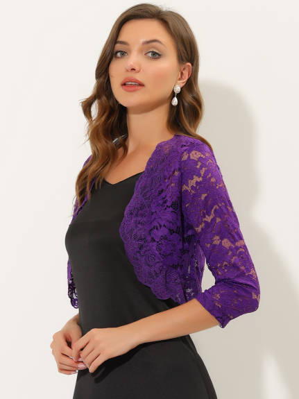 Allegra K- Comfortable Elegant 3/4 Sleeve Sheer Floral Lace Shrug Top