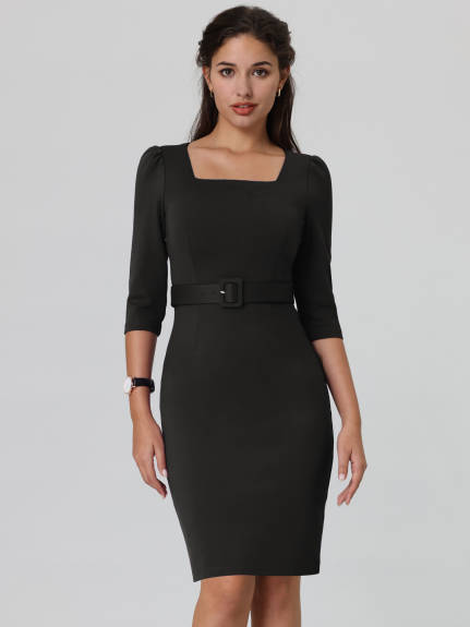 Hobemty- Square Neck Puff Sleeve Belted Pencil Dress