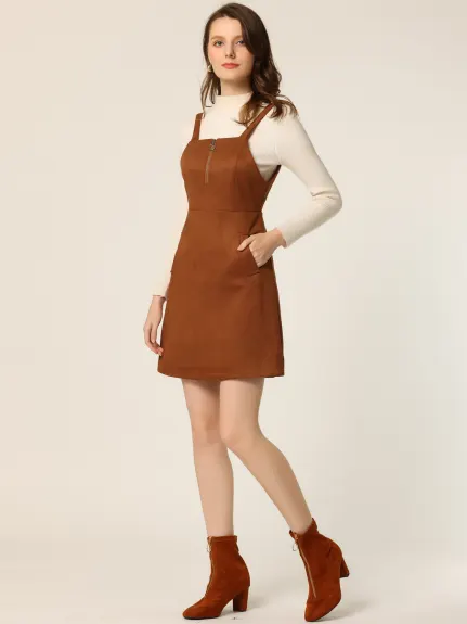 Allegra K- Faux Suede Zipper Front A-Line Overall Pinafore Dress