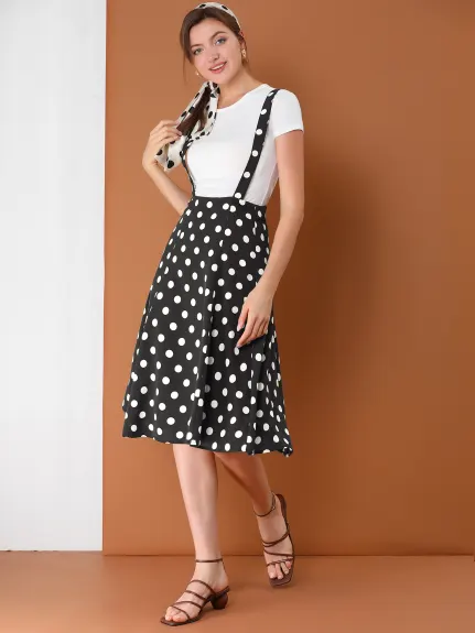 Allegra K- Vintage Polka Dots Midi Suspender Skirt