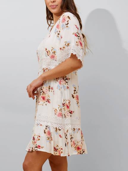 Annick - Sara Short Dress Floral Print Embroidered White