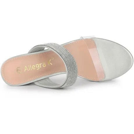 Allegra K - Rhinestones Double Strap Chunky Heeled Slide