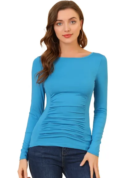 Allegra K- Round Neck Long Sleeve Fitted Ruched Top