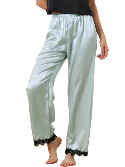 cheibear - Satin Wide-leg Lace Trim Sleep Pants