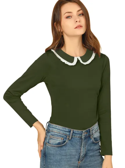 Allegra K- Peter Pan Collar Knit Long Sleeve Shirt Blouse
