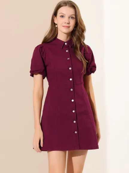 Allegra K- Puff Short Sleeve Button Denim Shirt Dress