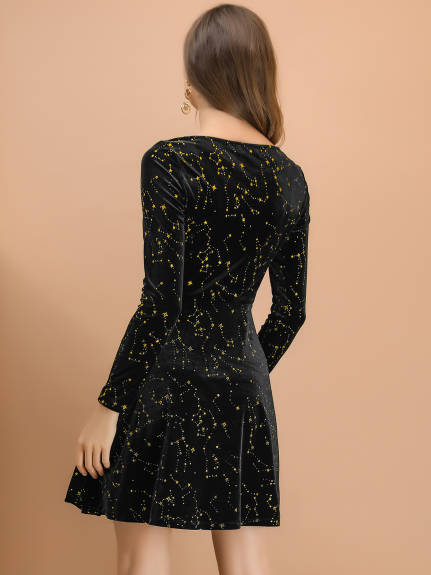 Allegra K- Velvet Stars Square Neck Mini Dress