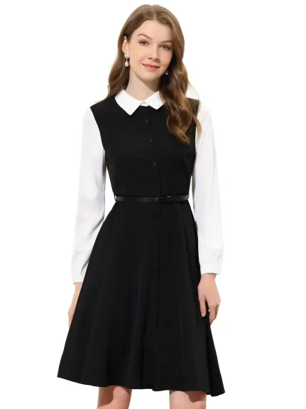 Allegra K- Button Front Dress Long Sleeve Contrast Collar Shirtdress