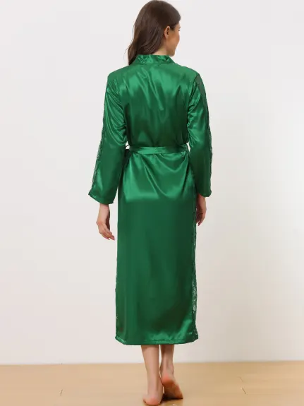 cheibear - Satin Lace Trim Long Sleeve Dressing Bathrobe