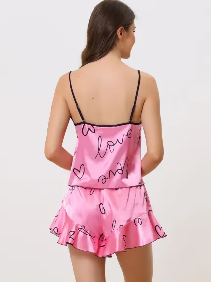 cheibear - Printed Cami Top Ruffled Shorts Pajamas Set