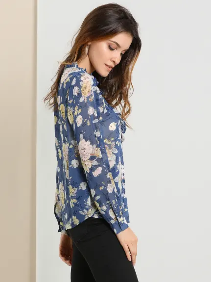 Allegra K- Floral Button Down Long Sleeve Chiffon Shirt