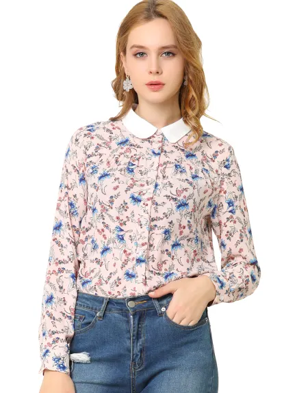 Allegra K- Contrast Collar Long Sleeve Floral Shirt Blouse
