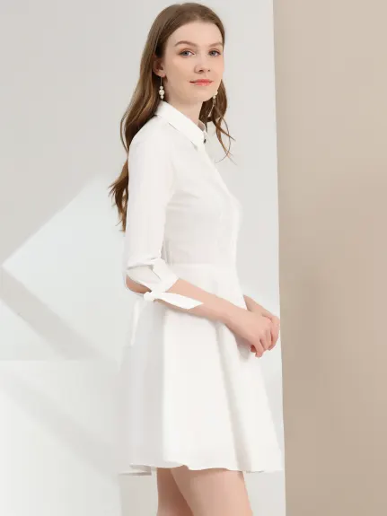 Allegra K- Turn Down Collar Cotton Shirt Dress