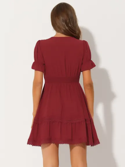 Allegra K- Boho V Neck Smocked Elastic Waist Short Sleeve Mini Dress