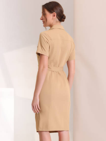 Allegra K- Mini-robe chemise à manches courtes et taille avec ceinture