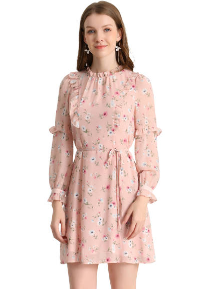 Allegra K- Floral Tie Waist Ruffle Sleeve Chiffon Dress