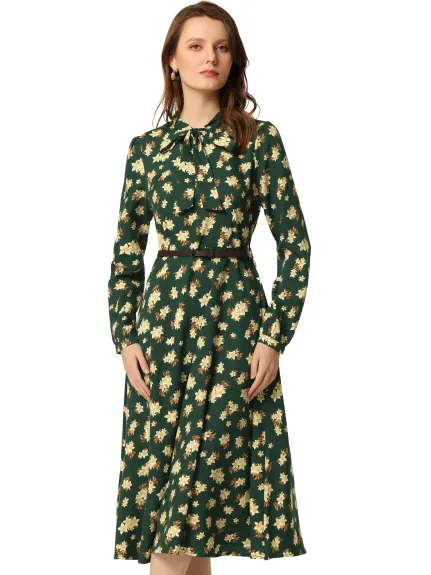 Allegra K- Floral Belted Bow Tie Neck Long Sleeve Midi Dress