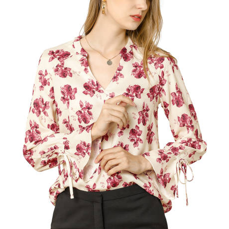 Allegra K- Floral Long Sleeve V Neck Print Tie Cuff Chiffon Vintage Blouses