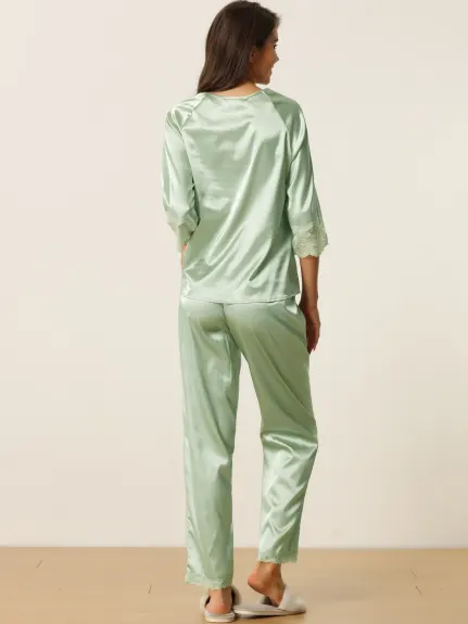 cheibear - Lace 3/4 Sleeves Lounge with Pants Pajama Set